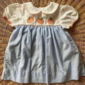 Petit Ami Pumpkin Embroidered Gingham Dress